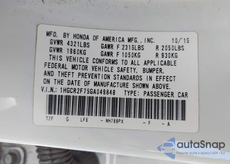 2016 Honda Accord Ex z USA, uszkodzony, nr VIN 1HGCR2F75GA049848